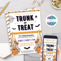 halloween trunk or treat party invitations with cute gnomes and fall theme graphics